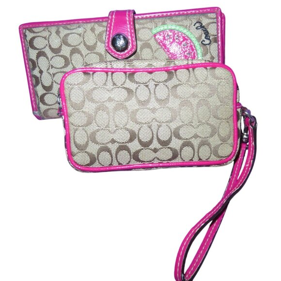 Coach vintage watermelon khaki Jacquard canvas & leather wristlet & wallet - Picture 3 of 14